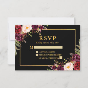 Elegante Burgundy Floral Weding Black Dourado RSVP