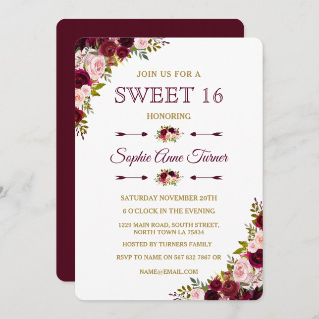 Elegante Burgundy Marsala Floral Sweet 16 Convite (Frente/Verso)