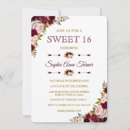 Elegante Burgundy Marsala Floral Sweet 16 Convite