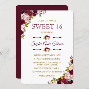 Elegante Burgundy Marsala Floral Sweet 16 Convite