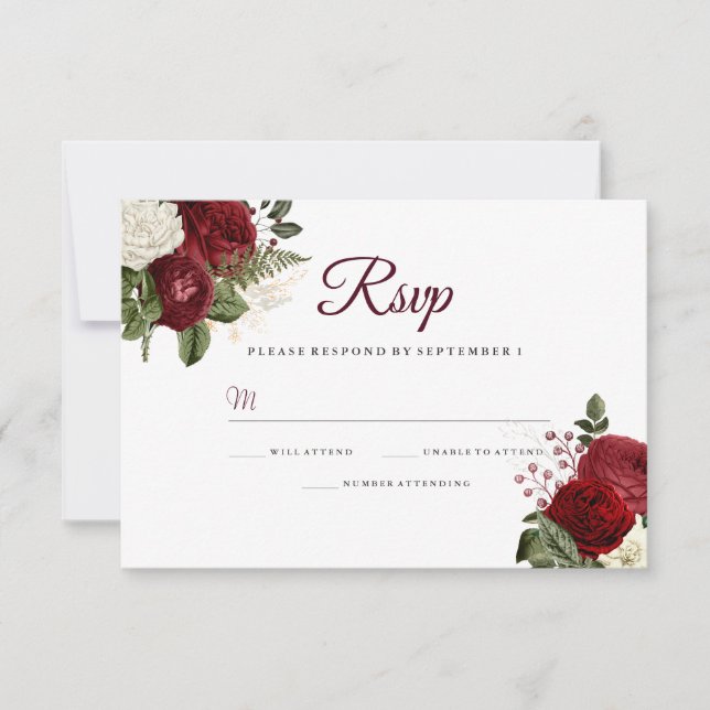 Elegante Burgundy Red White Floral Casamento RSVP (Frente)