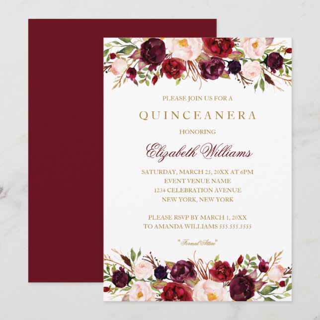 Elegante Burgundy Rosa Quinceanera Convite (Frente/Verso)