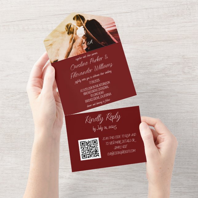 Elegante Burgundy Script Moderno RSVP Código QR Tu (Aba destacável)