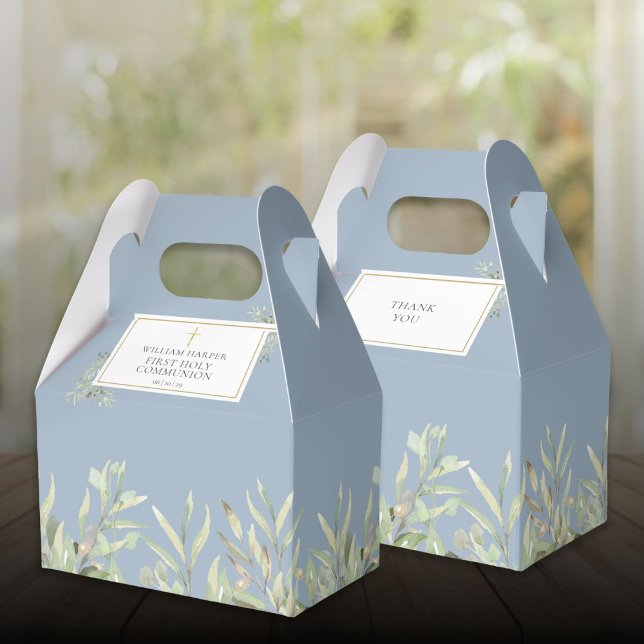 Elegante caixa de lembrança de primeira comunhão c (Elegant Blue First Holy Communion Greenery Favor Boxes)