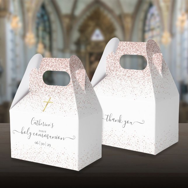 Elegante Caixa de Presente de Primeira Comunhão co (Elegant Rose Gold Glitter First Holy Communion Favor Boxes)