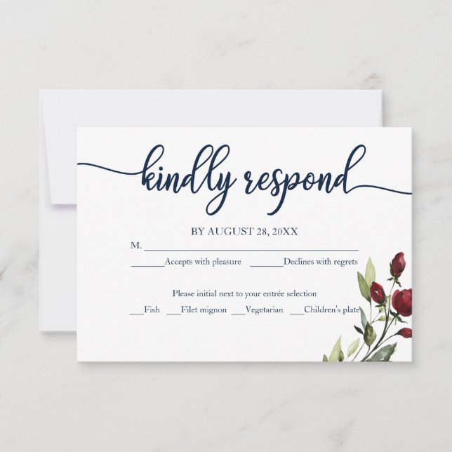 Elegante Caligrafia Burgundy Azul Floral RSVP (Frente)