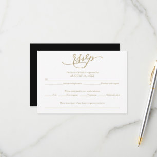 Elegante Caligrafia Dourada Preto RSVP Casamento