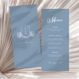 Elegante Caligrafia Dusty Blue Crest Menu