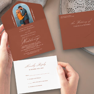 Elegante Caligrafia Terracota Foto RSVP Casamento
