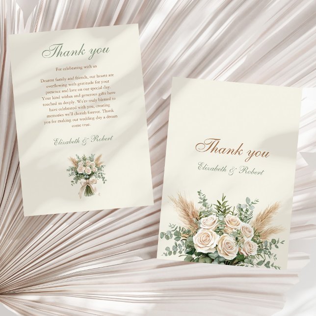 Elegante cartão de agradecimento de casamento com  (Elegant Beige Pampas Grass Wedding Thank You Card on a neutral dry palm leaf)