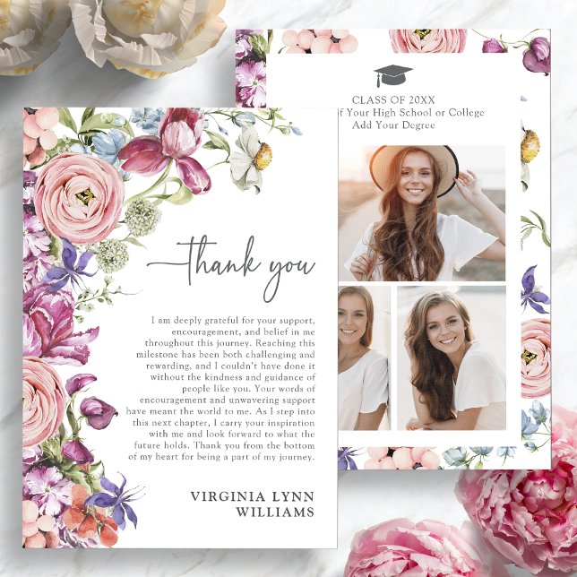 Elegante Cartão de Agradecimento de Foto de Format (Elegant Floral Watercolor Graduation Photo Thank You Card by Painted Paperie
)