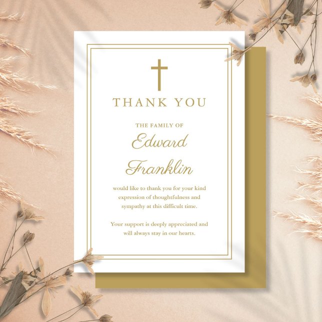 Elegante cartão de agradecimento funeral Celebraçã (Elegant Gold Christian Celebration Of Life Funeral Thank You Card)