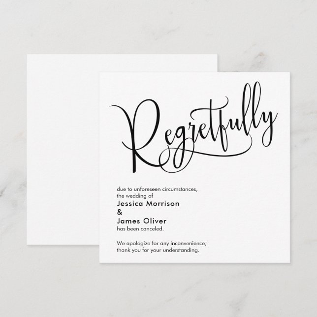 Elegante Cartão de Casamento "Infelizmente" Cancel (Frente/Verso)