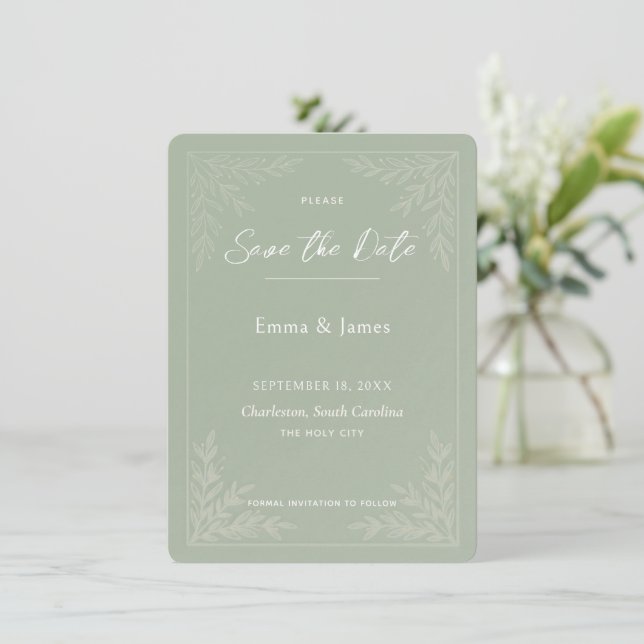 Elegante cartão de data de casamento botânico em v (Em pé/Frente)