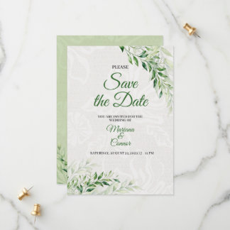 Elegante cartão de data de casamento botânico verd
