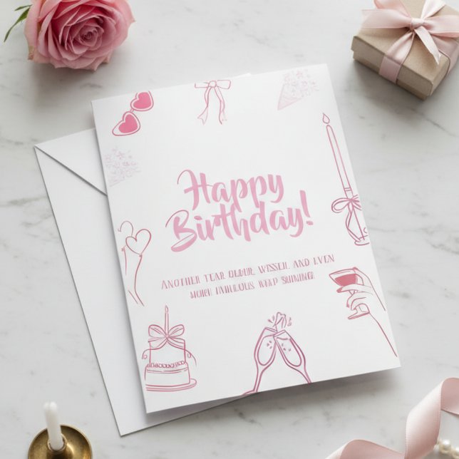 Elegante Cartão de Esboço de Aniversário Rosa Feli (Criador carregado)
