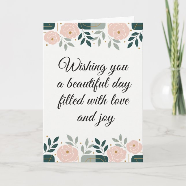 Elegante cartão de felicitações com flores rosa e  (Frente)