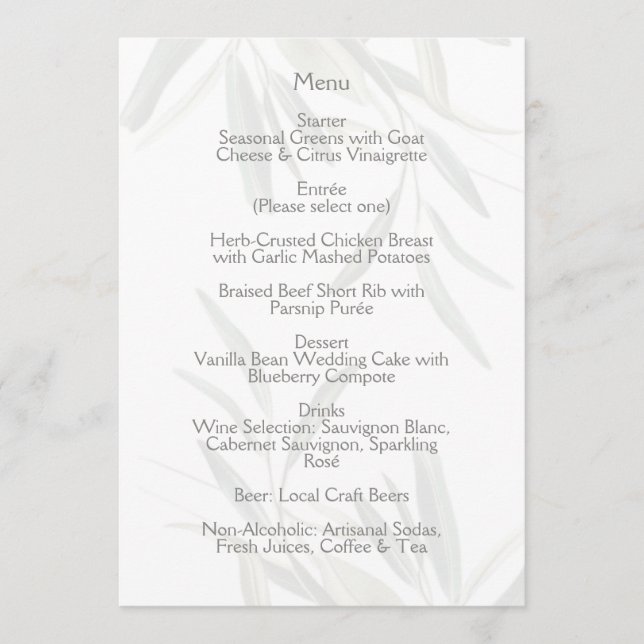 Elegante cartão de menu de casamento botânico em v (Frente)
