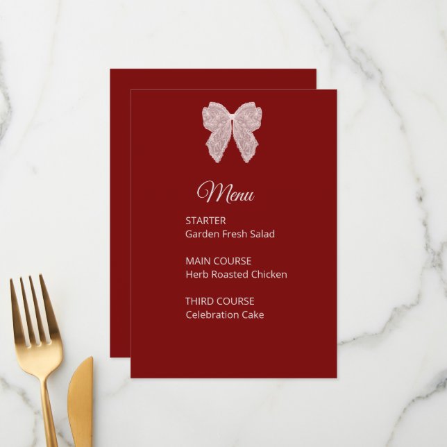 Elegante Cartão de Menu de Casamento com Laço de R (Frente/Verso In Situ)