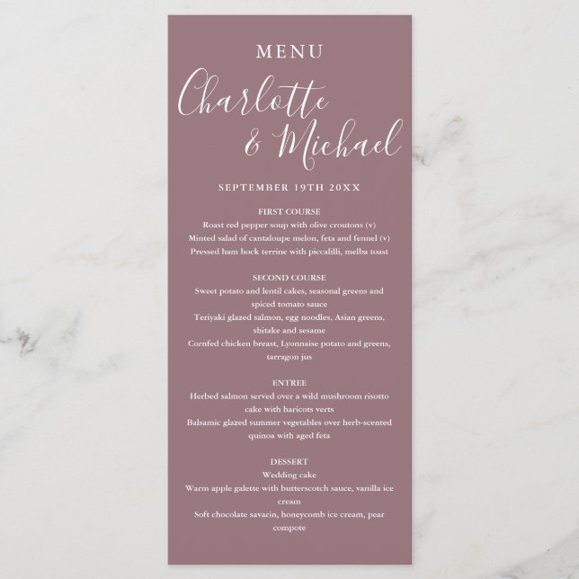 Elegante cartão de menu de casamento em letra curs (Frente)