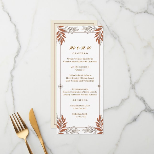 Elegante cartão de menu de jantar com arte botânic (Frente/Verso In Situ)