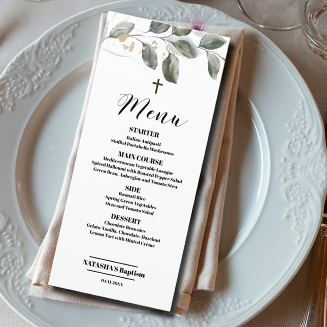 Elegante cartão de menu plano 4x9 de Batismo com f (Criador carregado)