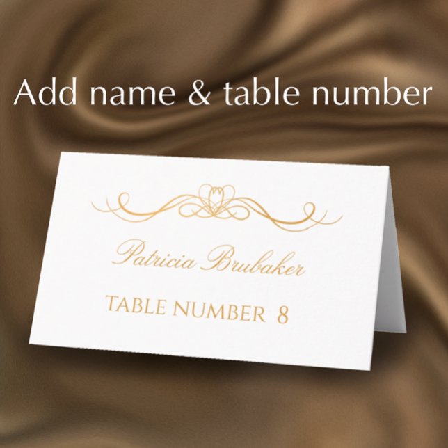 Elegante Cartão de Nome e Mesa de Casamento Modern (Customize this elegant simple white and gold place card with the a name and table number.
)