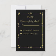 Elegante Cartão de RSVP Art Déco Preto e Dourado