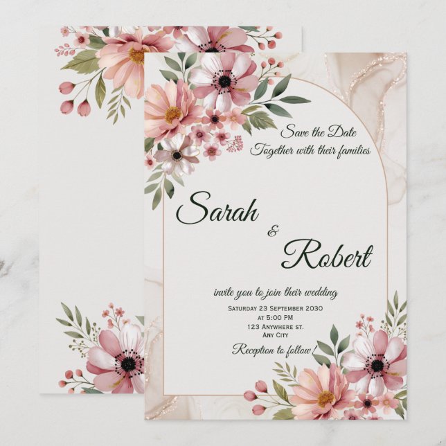 Elegante Cartão de Salvar a Data Floral Tom Neutro (Frente/Verso)