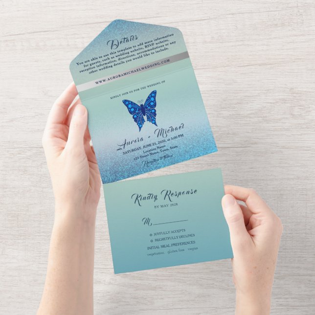 Elegante Casamento Borboleta Azul Prata (Tearaway)
