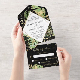 Elegante Casamento Botânico Tropical Preto e Doura