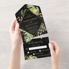 Elegante Casamento Botânico Tropical Preto e Doura