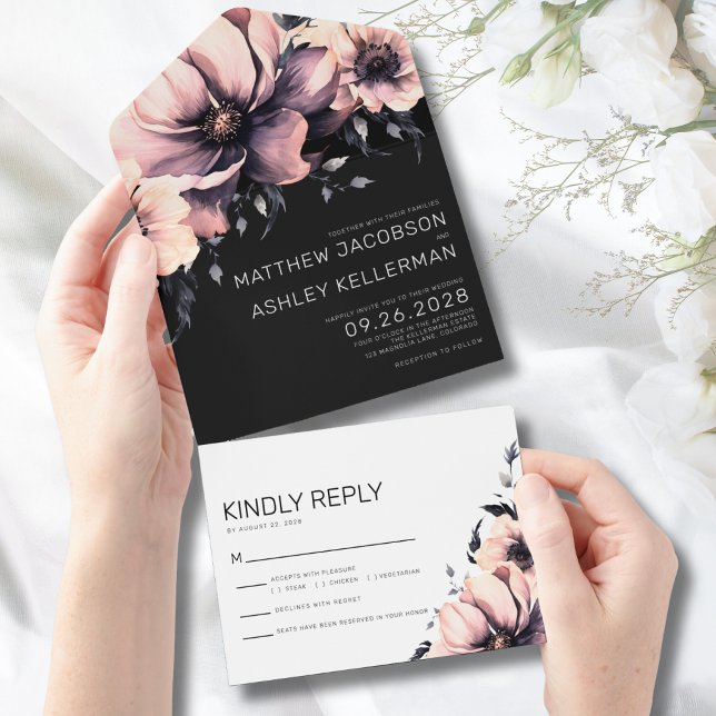 Elegante Casamento Floral Rosa (Modern Elegant Watercolor Floral Pink Wedding All in One Invitation)