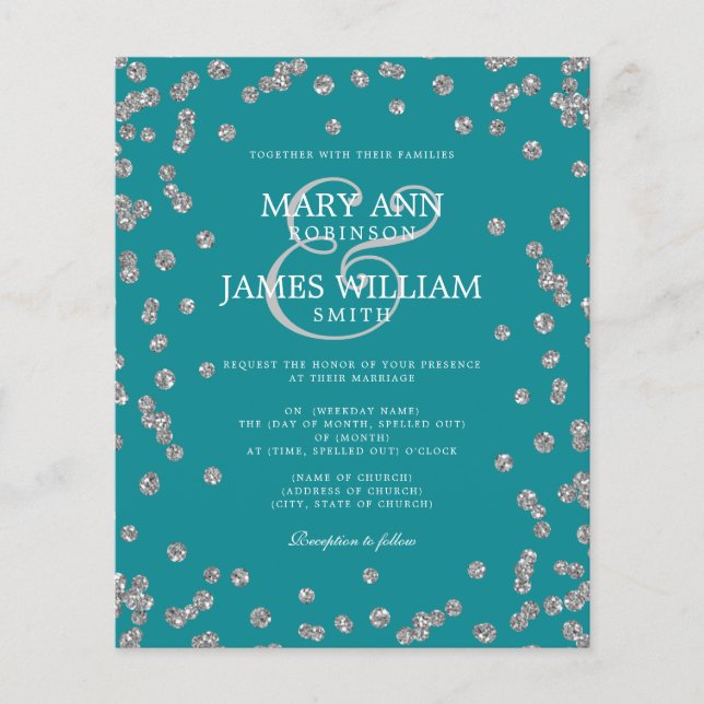 Elegante Casamento Silver Glitter Confetti Teal (Frente)