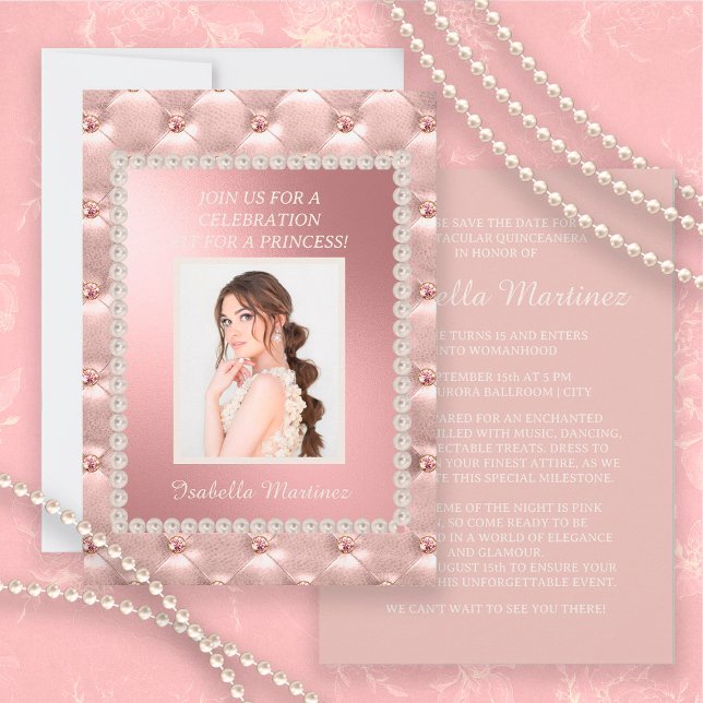 Elegante Cetim Rosa Convite de Quinceañera com Pér (Criador carregado)