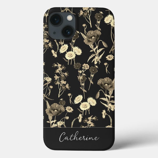 Elegante Chic Beige Wildflower Name em preto (Verso)