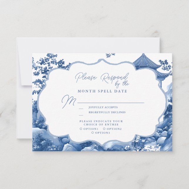Elegante Chinoiserie Blue Pagoda Wedda RSVP (Frente)