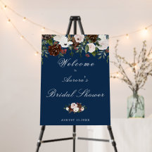 Elegante Chuva de Noiva Floral Azul Naval Rosado