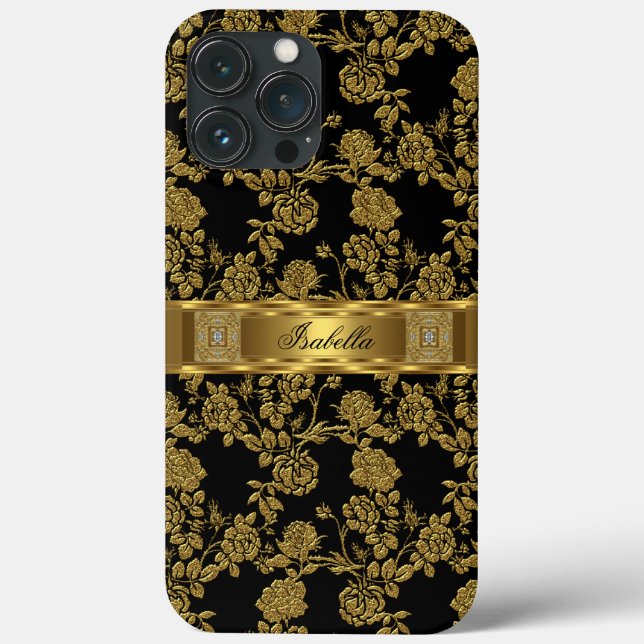 Elegante Clássico Preto Dourado Floral Damask (Verso)