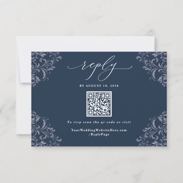 Elegante Código QR Azul Marinho Casamento RSVP Ant (Frente)