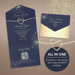 Elegante Código QR de Casamento em Dourado e Azul 