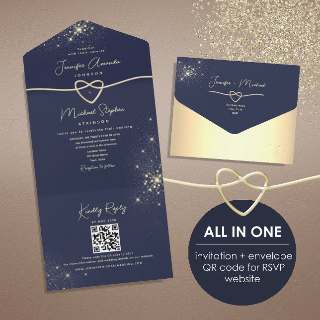 Elegante Código QR de Casamento em Dourado e Azul  (Criador carregado)
