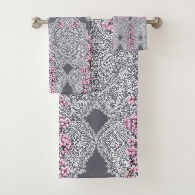 Elegante Conjunto de Toalhas de Renda Floral Rosa  (Insitu)