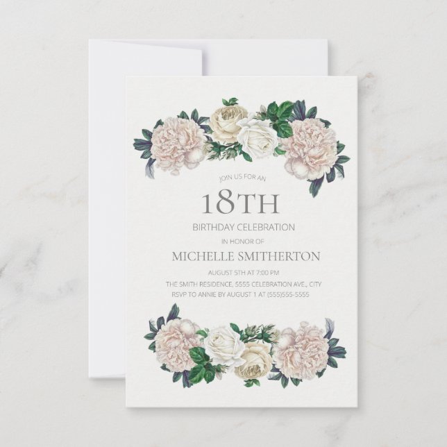 Elegante Convite de 18 Anos Floral Creme Marfim (Frente)
