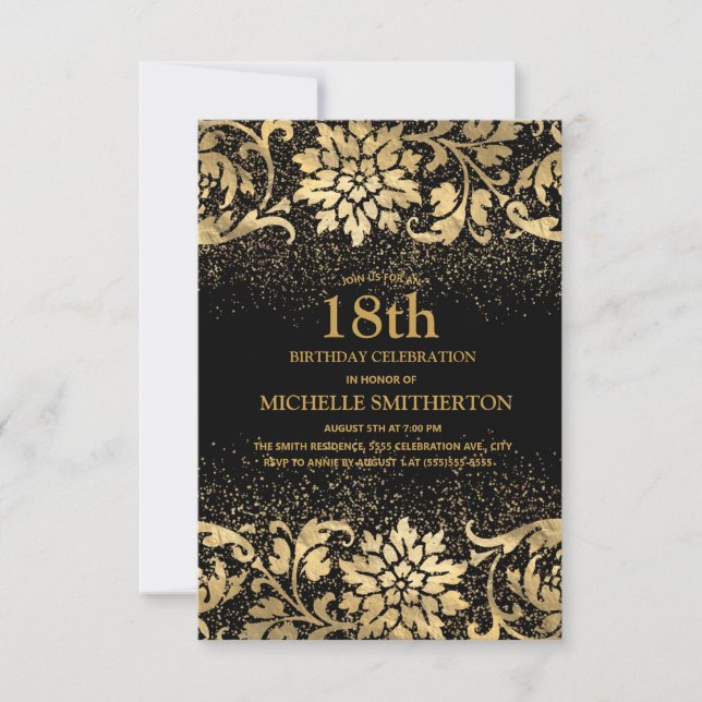 Elegante Convite de 18 Anos Preto Dourado com Flor (Frente)