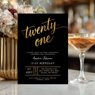 Elegante Convite de 21º Aniversário em Preto e Dou
