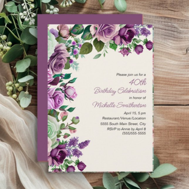 Elegante Convite de 40º Aniversário em Verde e Rox (Purple floral and mint green leaves 40th birthday party invitation)