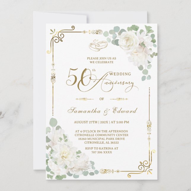 Elegante Convite de 50º Aniversário de Casamento (Frente)