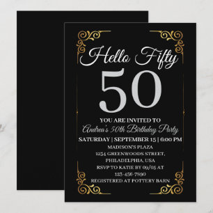Elegante Convite de 50 Anos Preto e Dourado para M