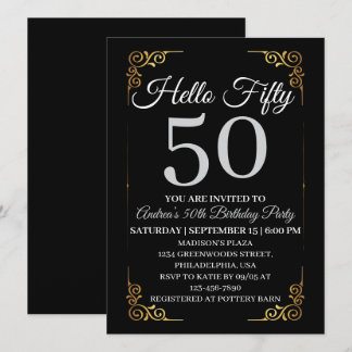 Elegante Convite de 50 Anos Preto e Dourado para M